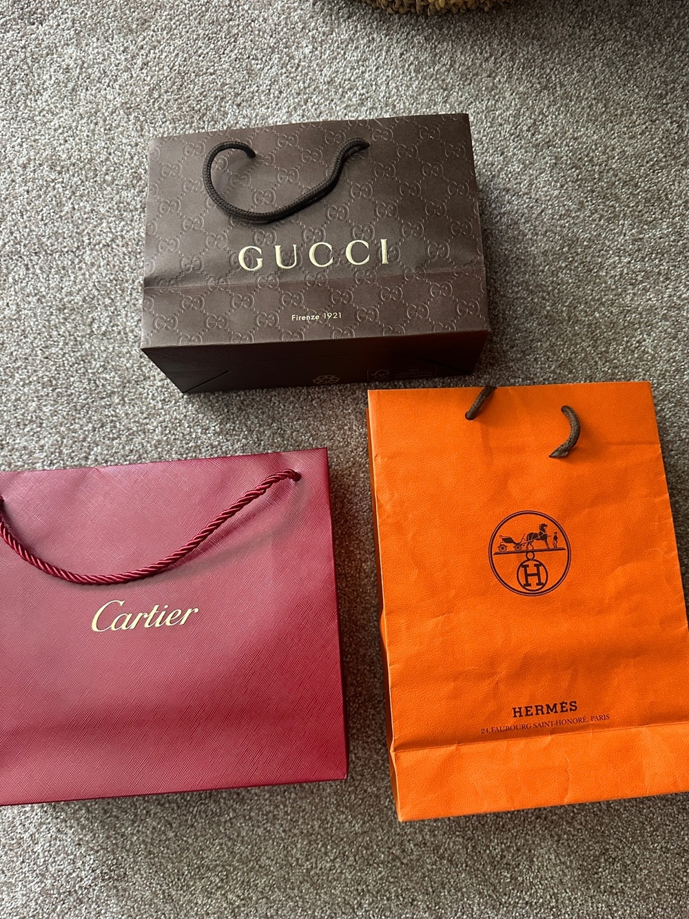 Gucci, Cartier, and Hermes Brown Shopping Bag with Gold Logo